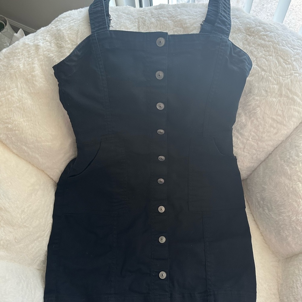 Black Button-Front Mini Dress with Pockets
